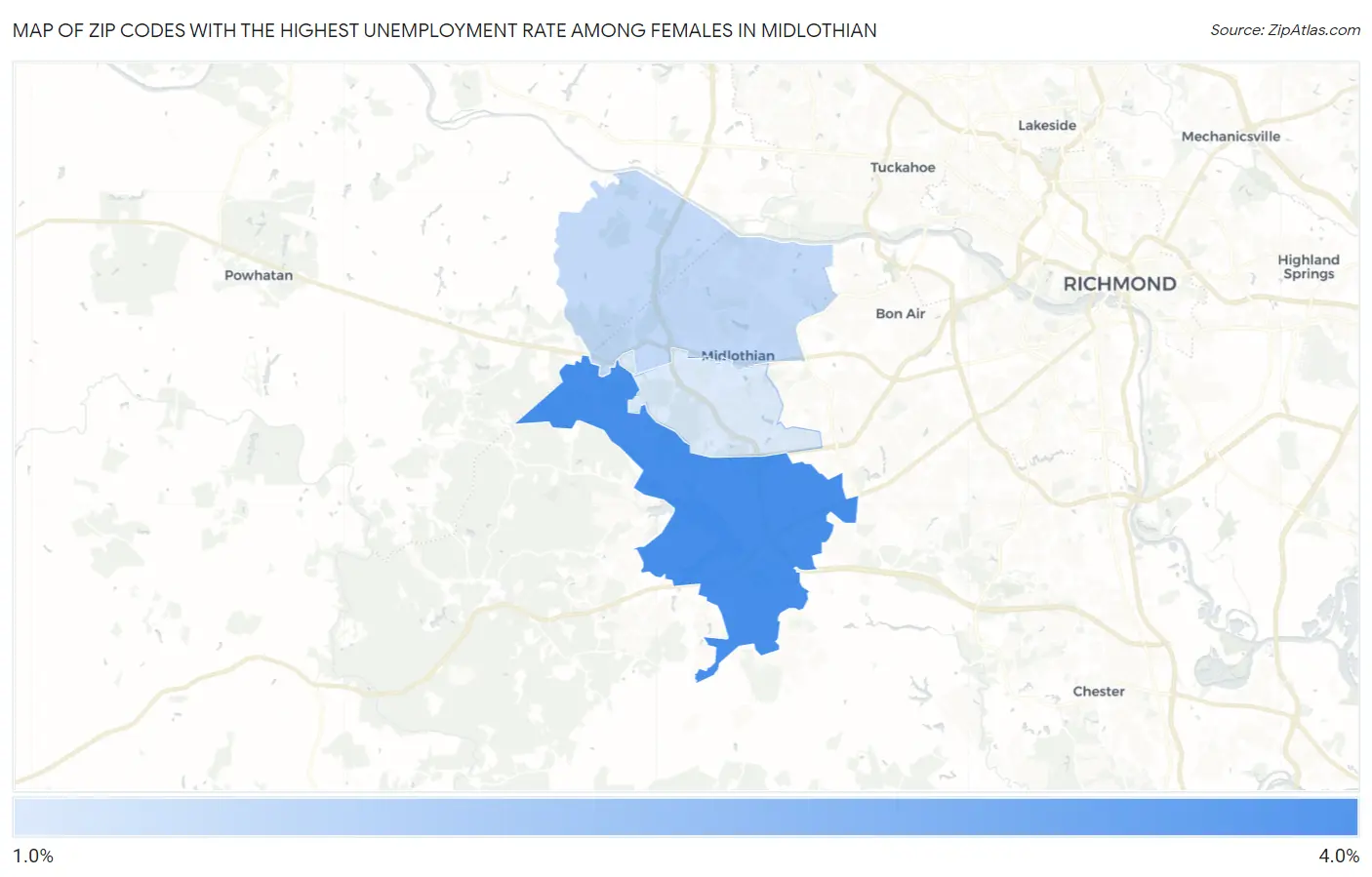 Zip Codes with the Highest Unemployment Rate Among Females in Midlothian Map