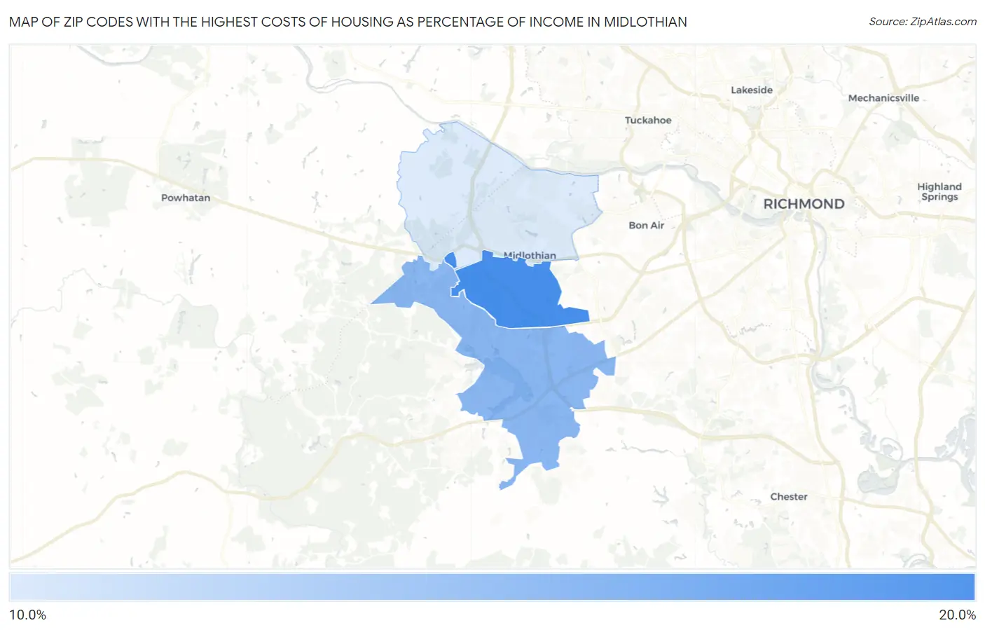 Zip Codes with the Highest Costs of Housing as Percentage of Income in Midlothian Map