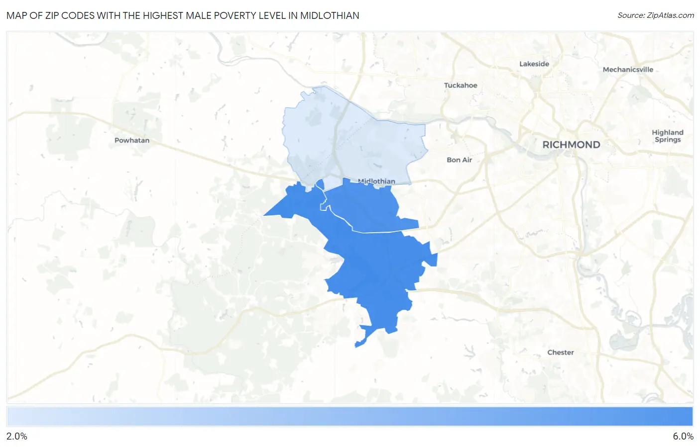 Zip Codes with the Highest Male Poverty Level in Midlothian Map