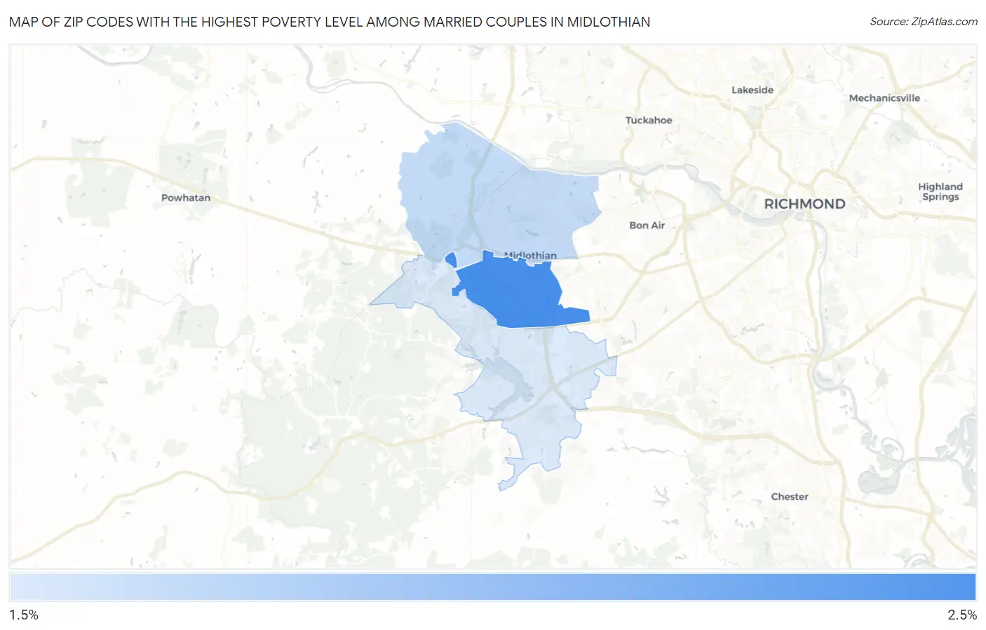 Zip Codes with the Highest Poverty Level Among Married Couples in Midlothian Map