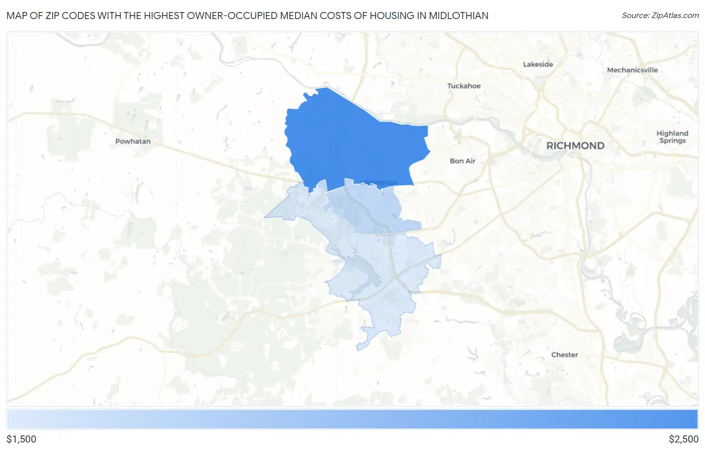 Zip Codes with the Highest Owner-Occupied Median Costs of Housing in Midlothian Map