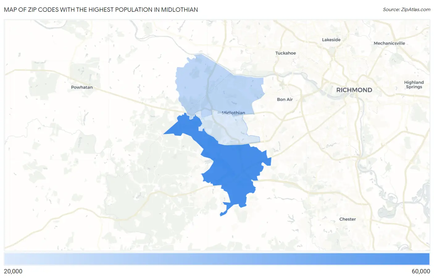 Zip Codes with the Highest Population in Midlothian Map