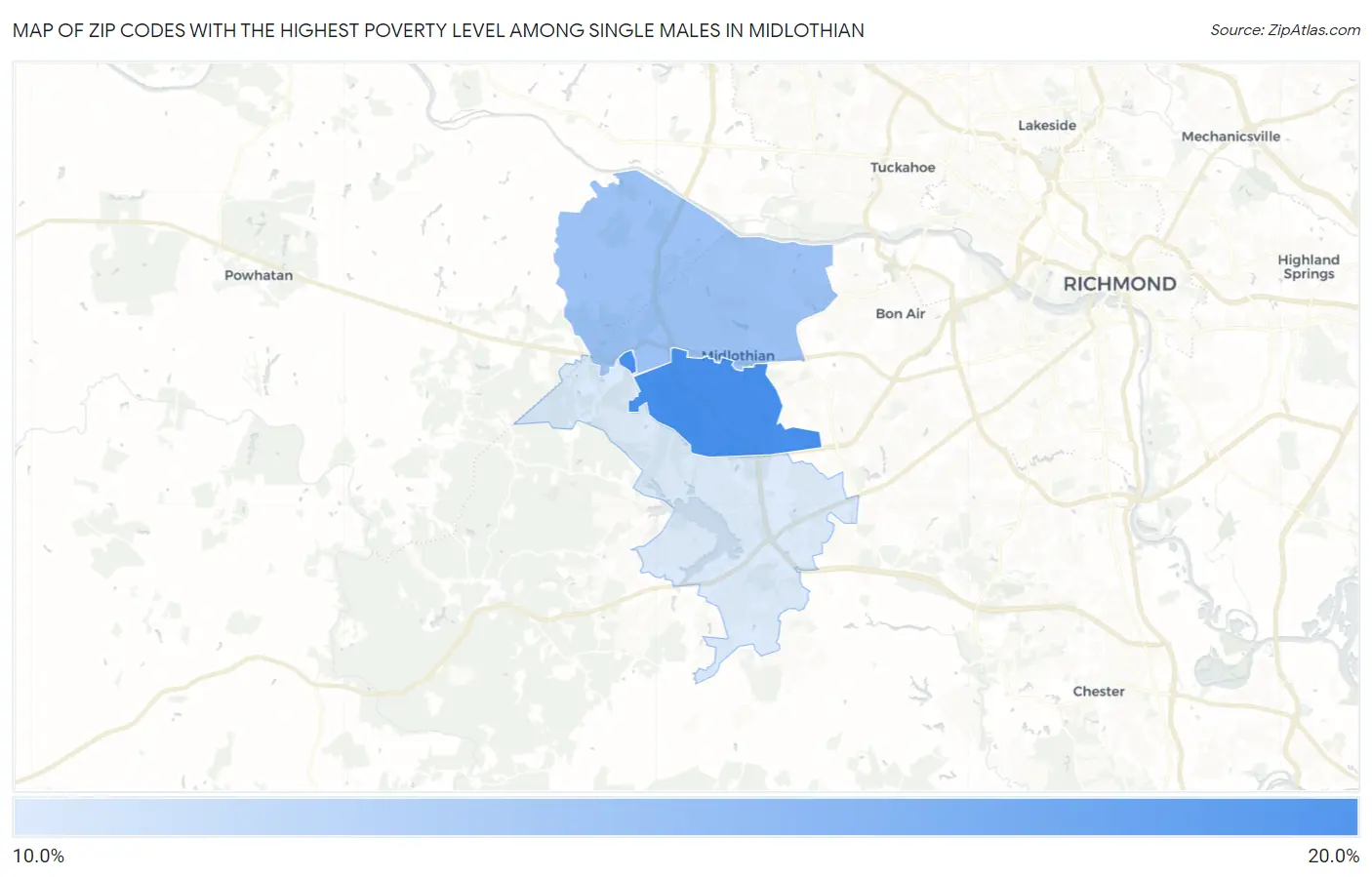 Zip Codes with the Highest Poverty Level Among Single Males in Midlothian Map
