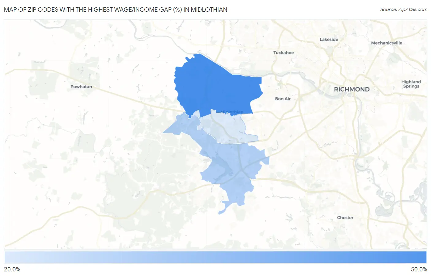 Zip Codes with the Highest Wage/Income Gap (%) in Midlothian Map