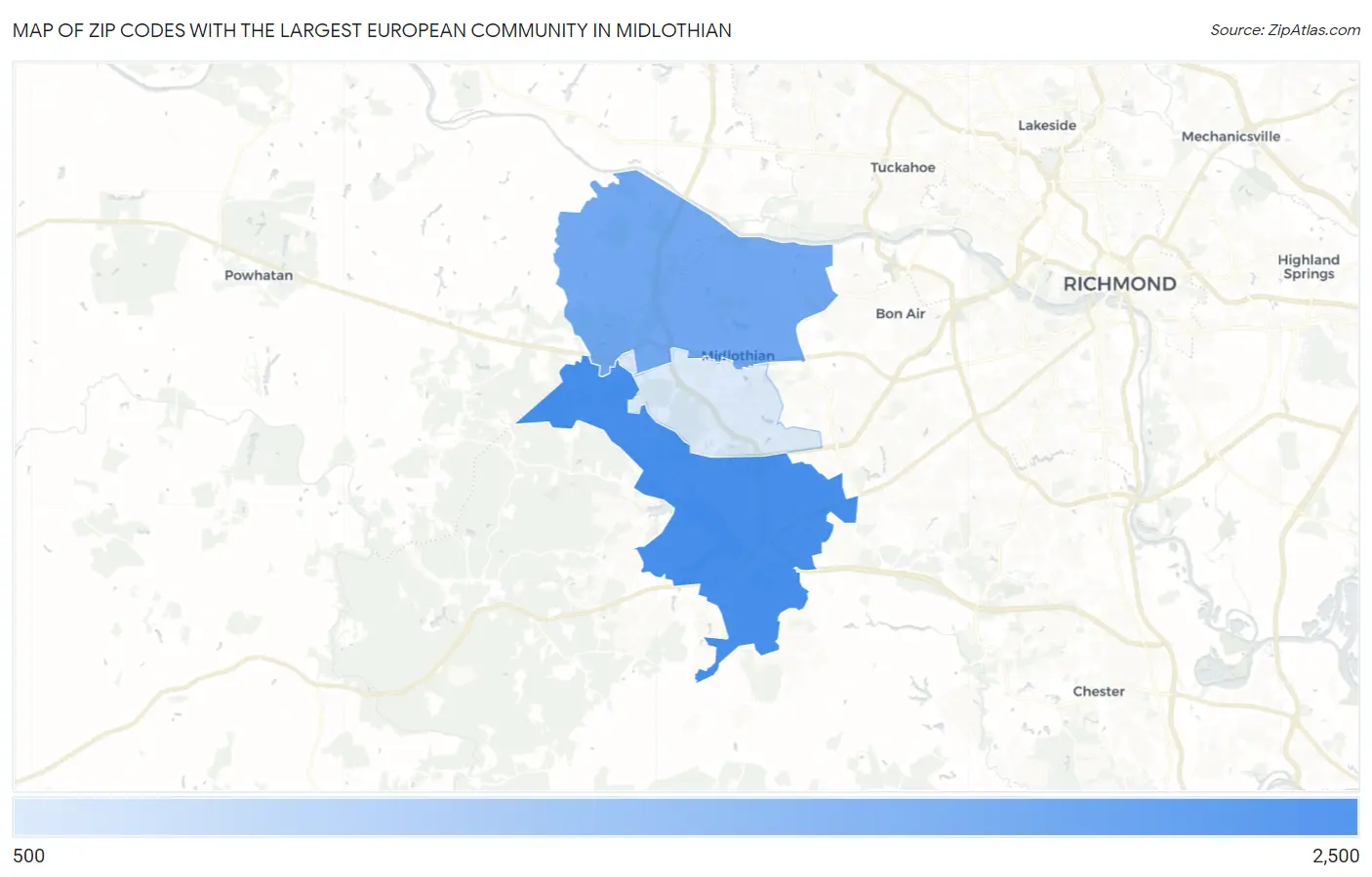 Zip Codes with the Largest European Community in Midlothian Map