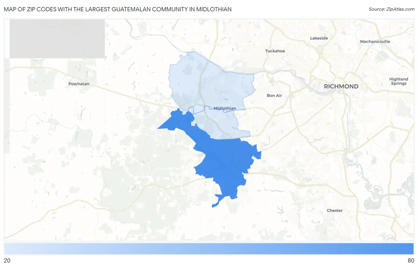 Zip Codes with the Largest Guatemalan Community in Midlothian Map
