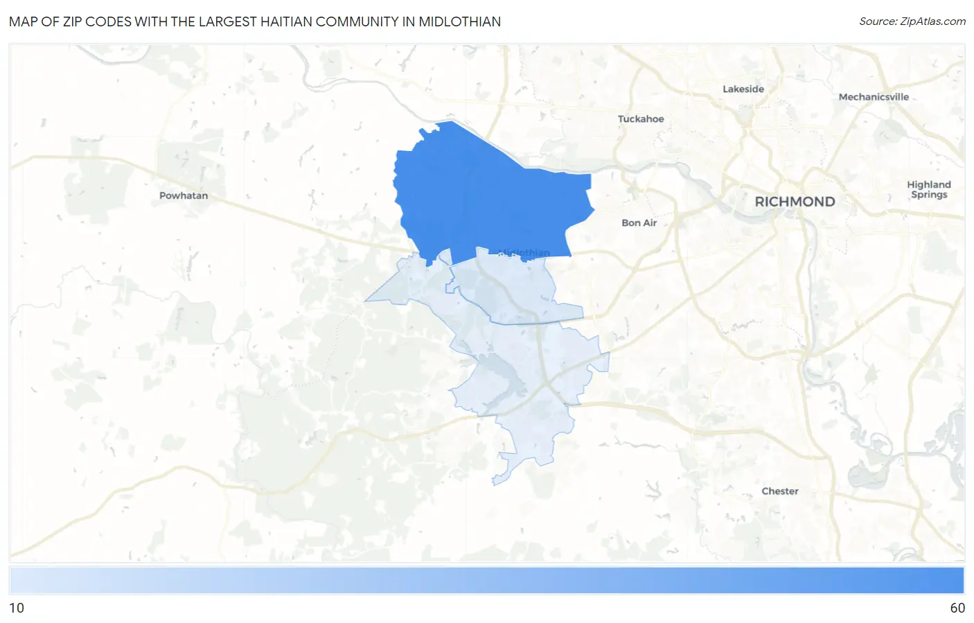 Zip Codes with the Largest Haitian Community in Midlothian Map