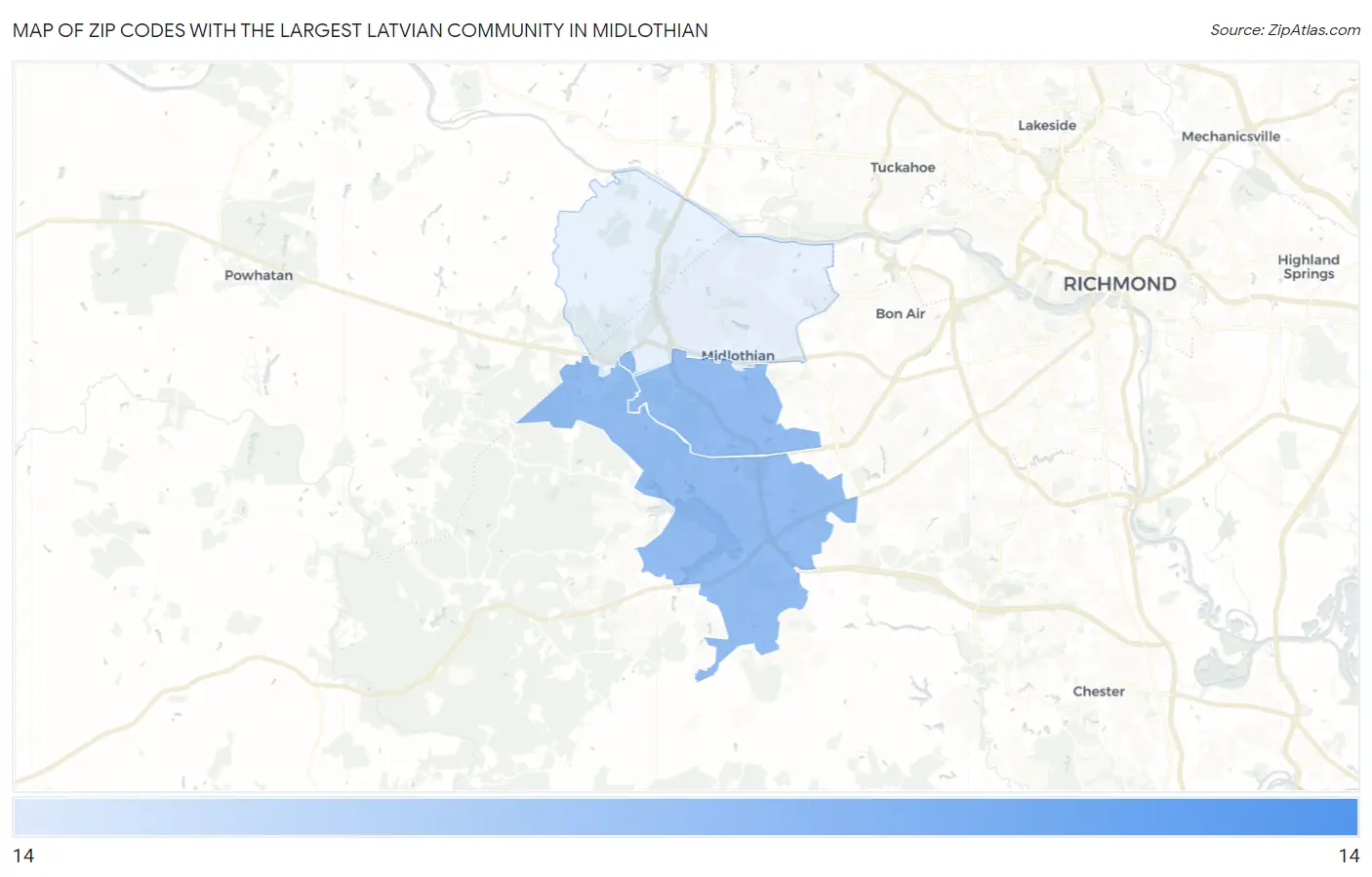 Zip Codes with the Largest Latvian Community in Midlothian Map