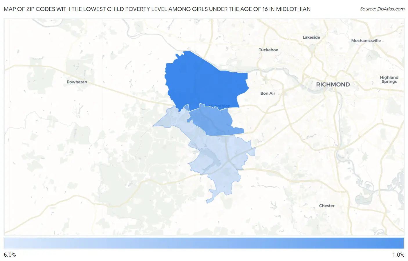 Zip Codes with the Lowest Child Poverty Level Among Girls Under the Age of 16 in Midlothian Map