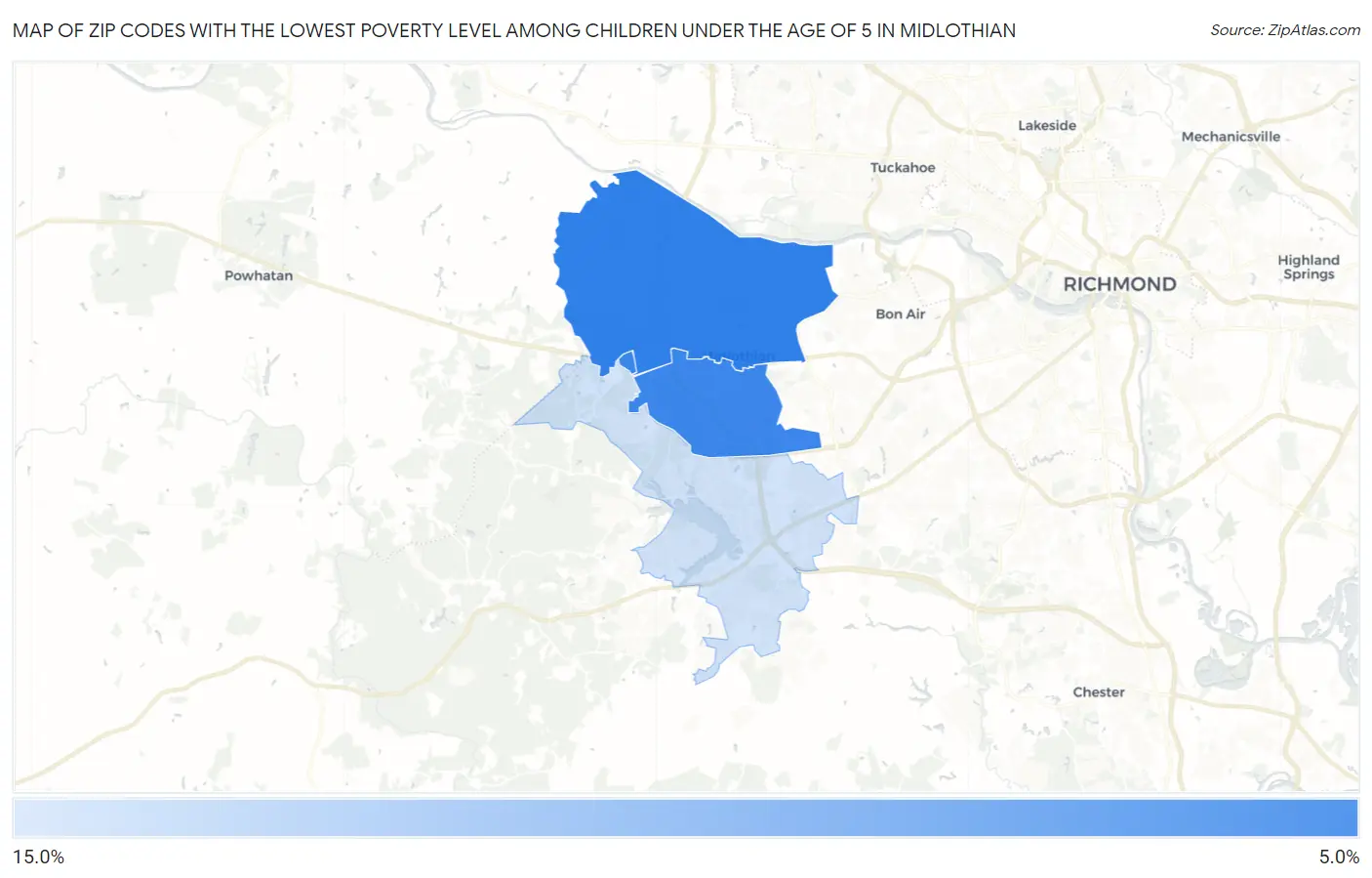 Zip Codes with the Lowest Poverty Level Among Children Under the Age of 5 in Midlothian Map