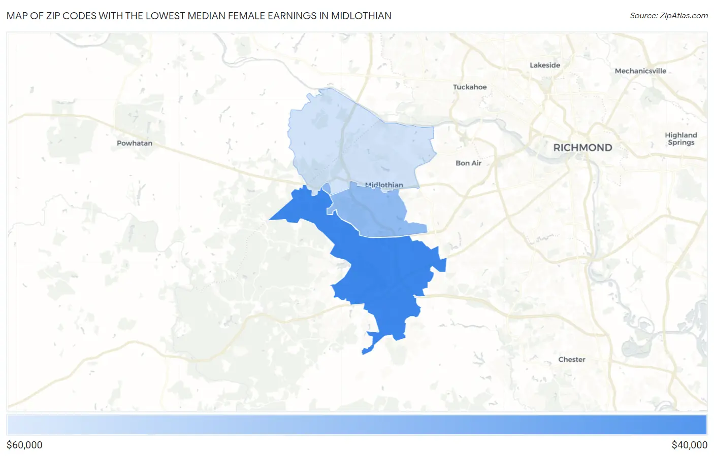 Zip Codes with the Lowest Median Female Earnings in Midlothian Map