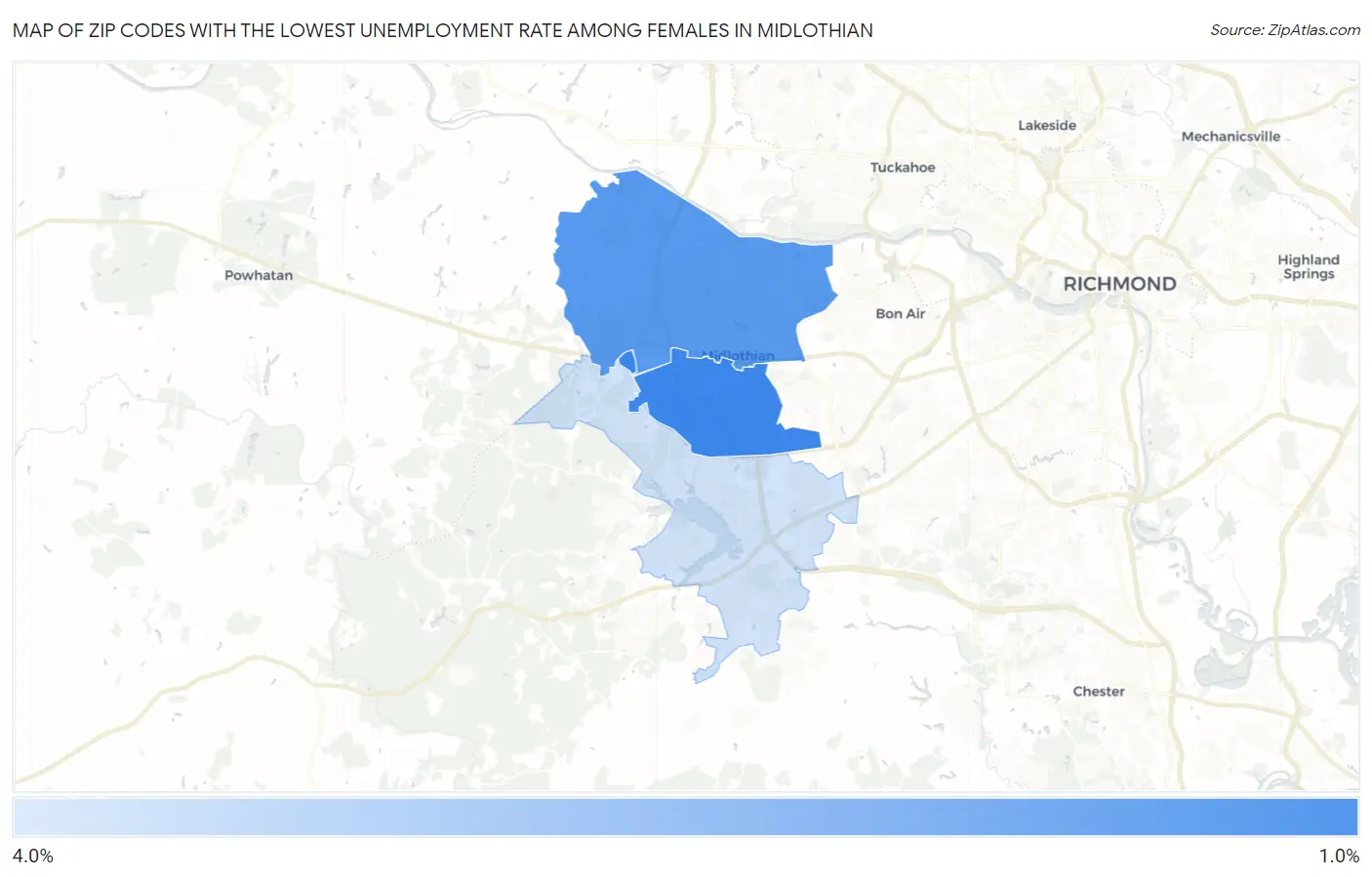 Zip Codes with the Lowest Unemployment Rate Among Females in Midlothian Map