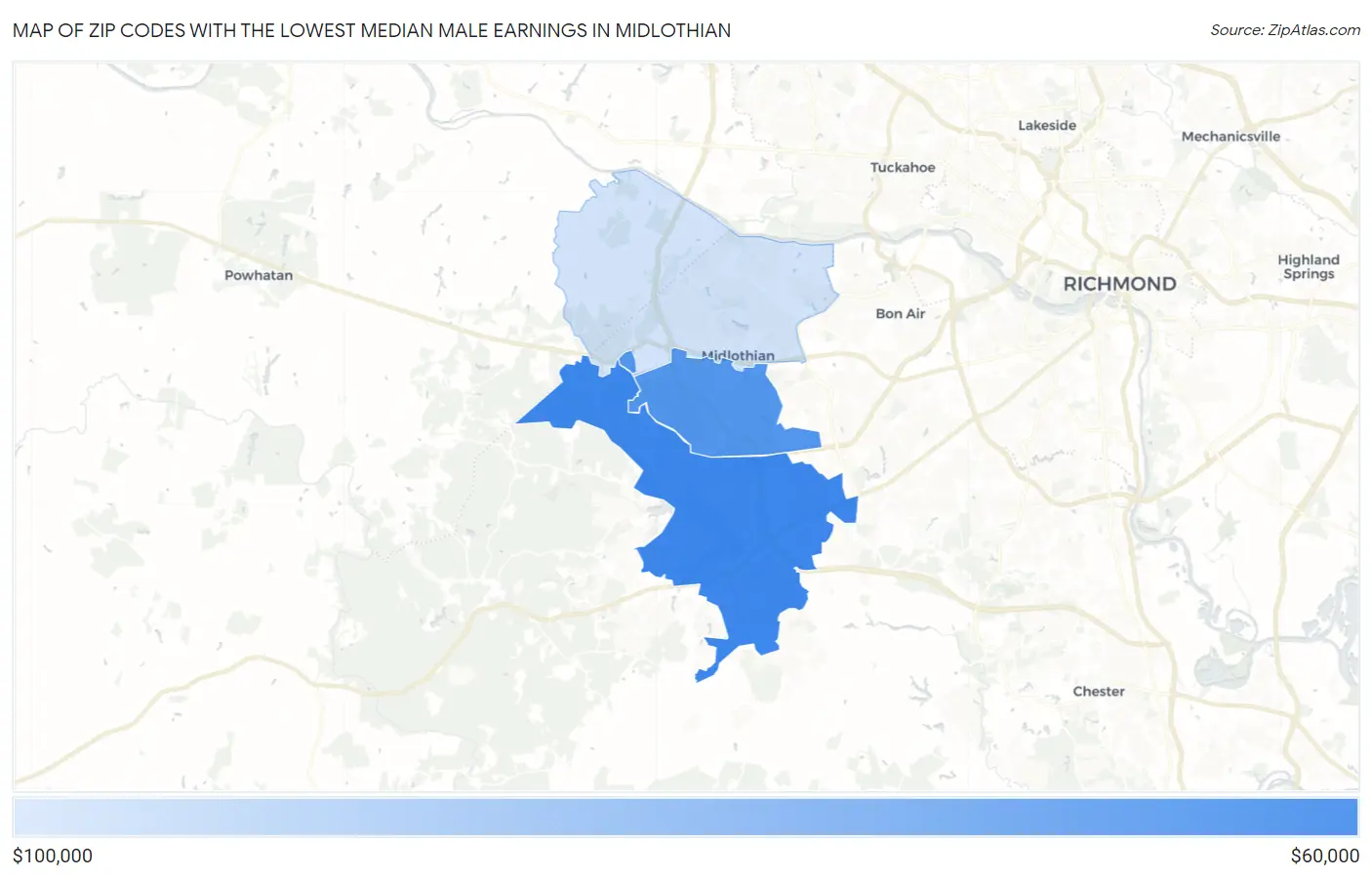 Zip Codes with the Lowest Median Male Earnings in Midlothian Map