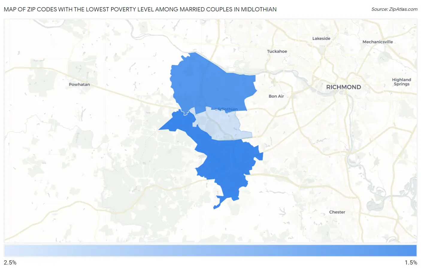 Zip Codes with the Lowest Poverty Level Among Married Couples in Midlothian Map