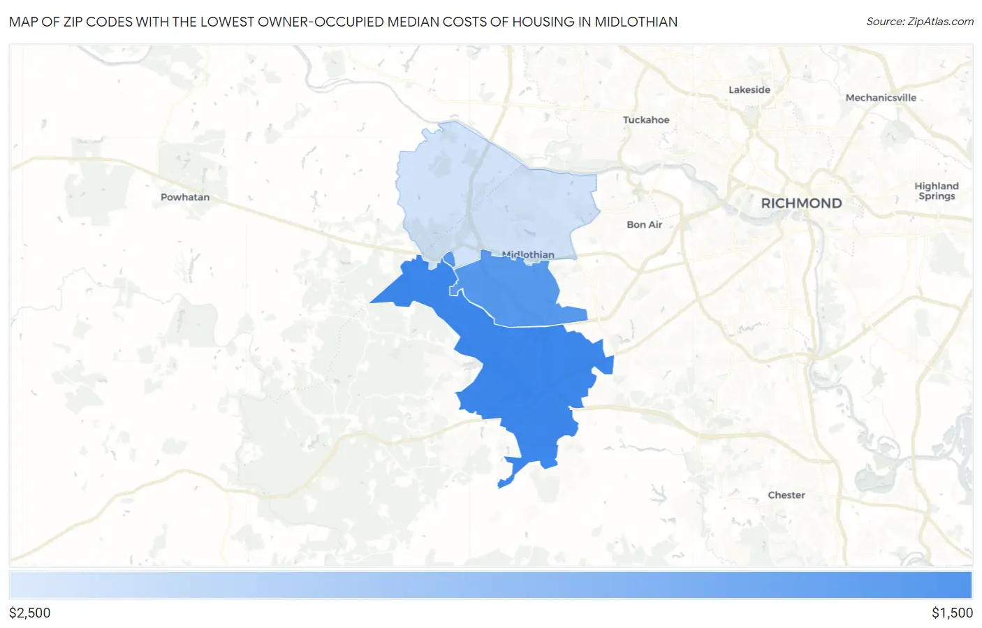 Zip Codes with the Lowest Owner-Occupied Median Costs of Housing in Midlothian Map
