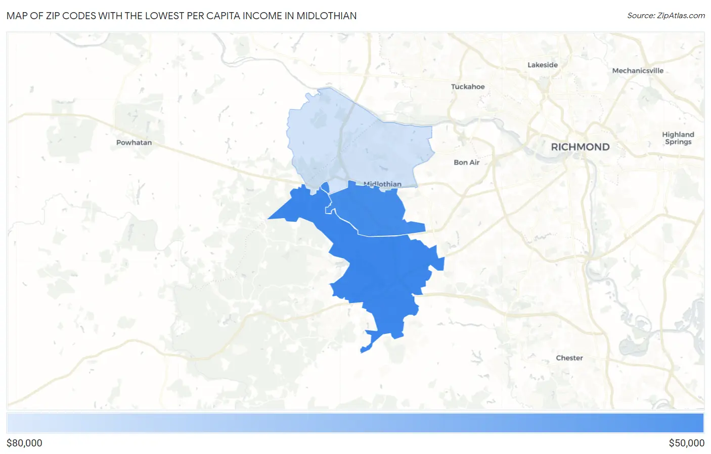 Zip Codes with the Lowest Per Capita Income in Midlothian Map
