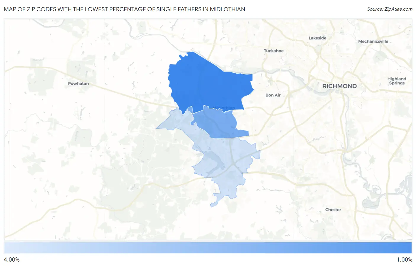 Zip Codes with the Lowest Percentage of Single Fathers in Midlothian Map