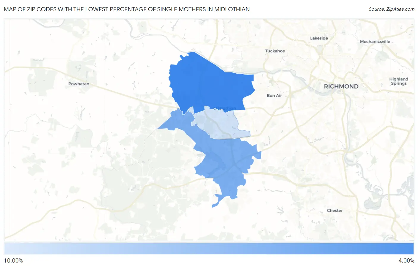 Zip Codes with the Lowest Percentage of Single Mothers in Midlothian Map