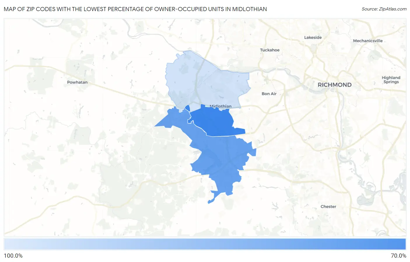 Zip Codes with the Lowest Percentage of Owner-Occupied Units in Midlothian Map