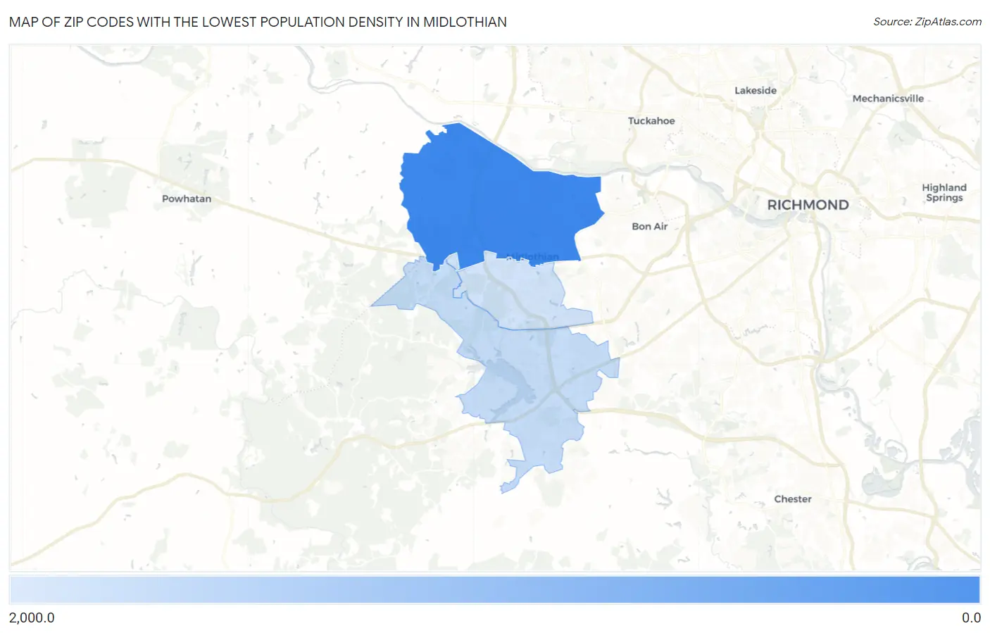 Zip Codes with the Lowest Population Density in Midlothian Map