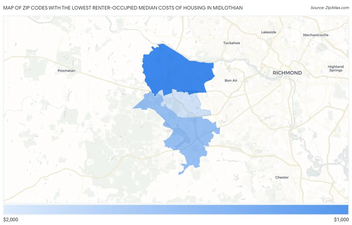 Zip Codes with the Lowest Renter-Occupied Median Costs of Housing in Midlothian Map