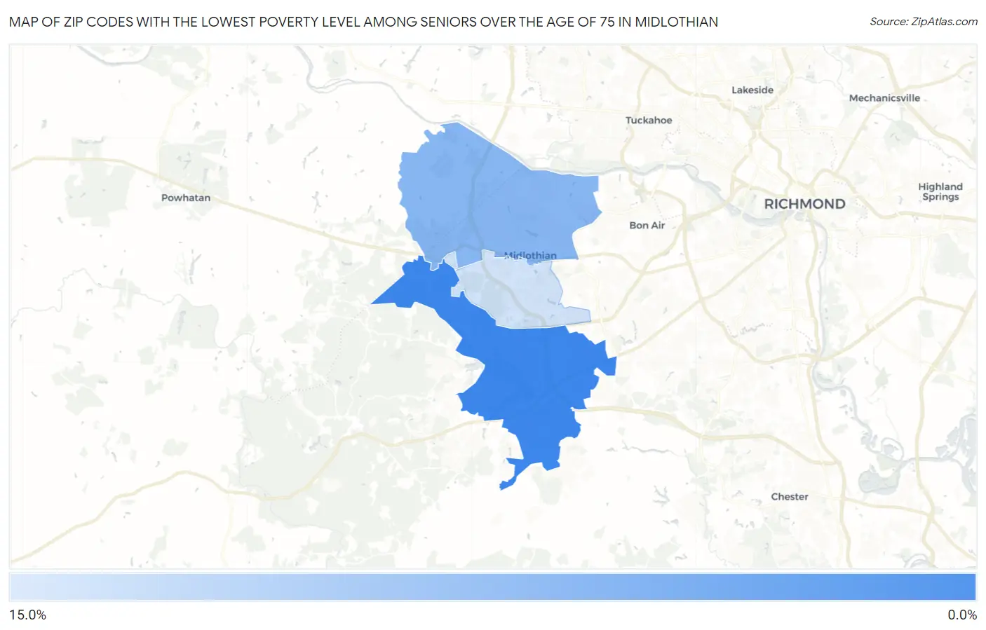 Zip Codes with the Lowest Poverty Level Among Seniors Over the Age of 75 in Midlothian Map