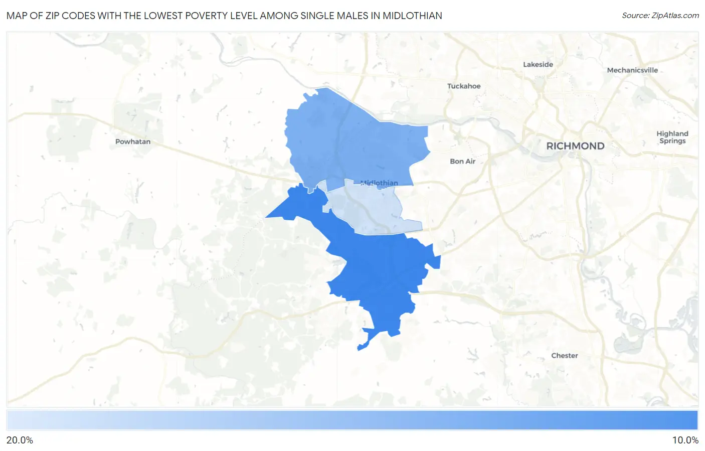 Zip Codes with the Lowest Poverty Level Among Single Males in Midlothian Map