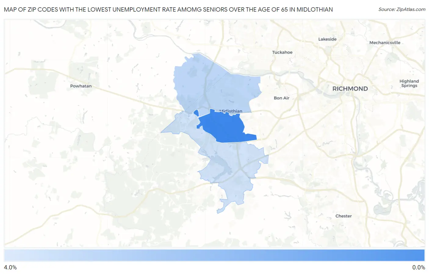 Zip Codes with the Lowest Unemployment Rate Amomg Seniors Over the Age of 65 in Midlothian Map