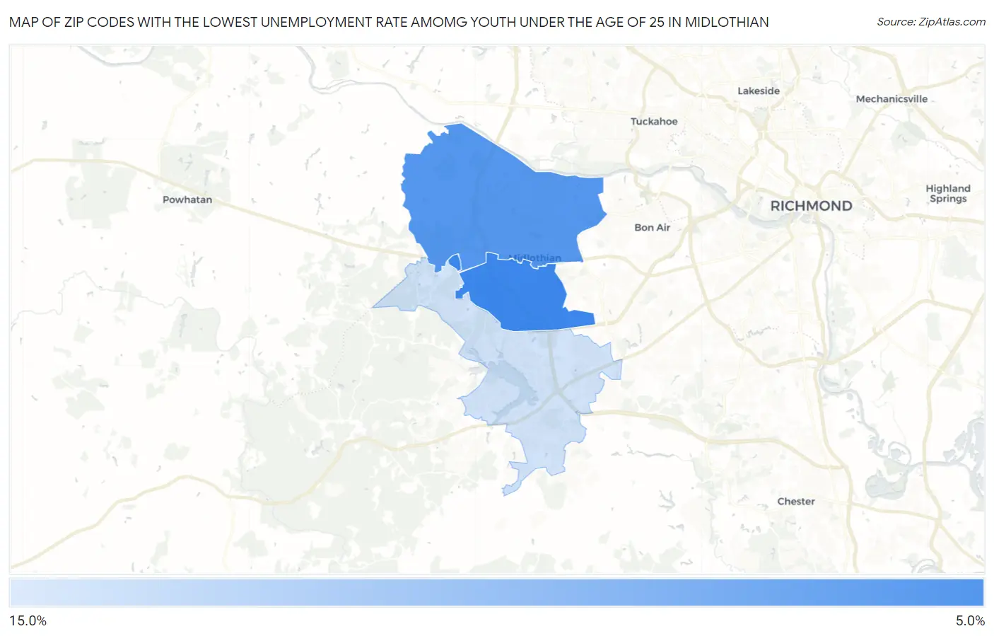 Zip Codes with the Lowest Unemployment Rate Amomg Youth Under the Age of 25 in Midlothian Map