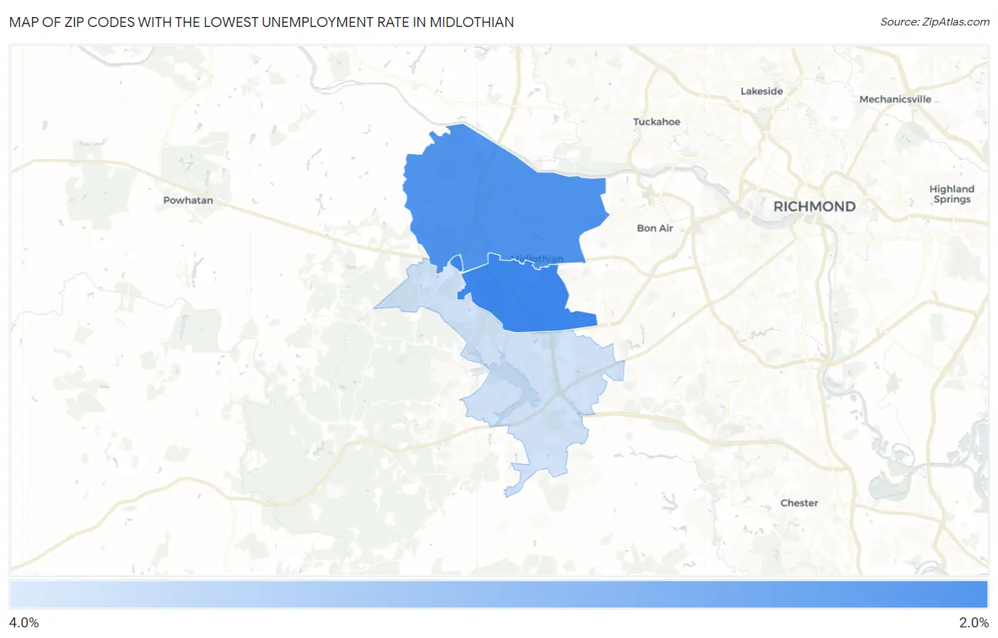 Zip Codes with the Lowest Unemployment Rate in Midlothian Map