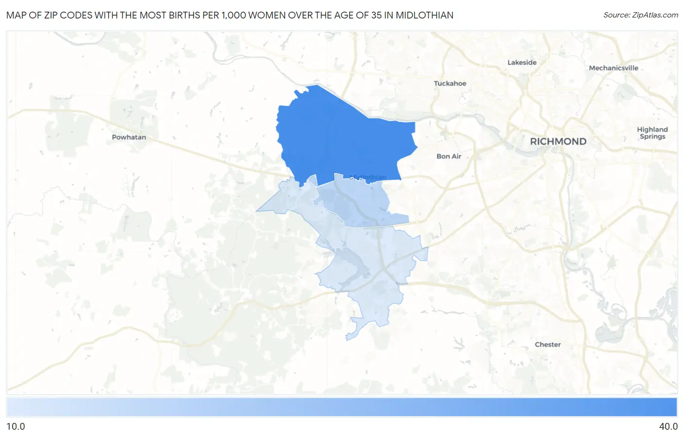 Zip Codes with the Most Births per 1,000 Women Over the Age of 35 in Midlothian Map