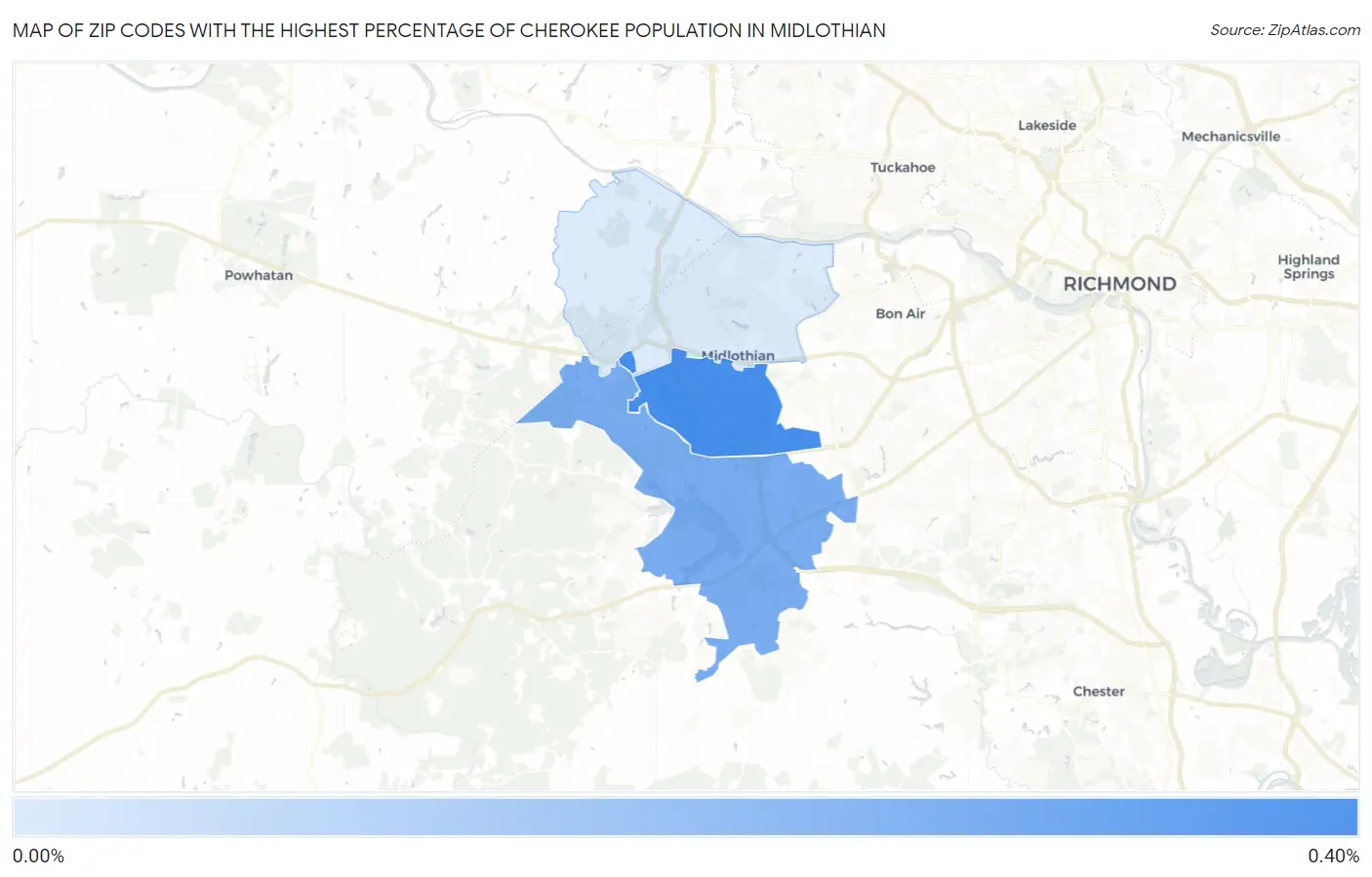 Zip Codes with the Highest Percentage of Cherokee Population in Midlothian Map
