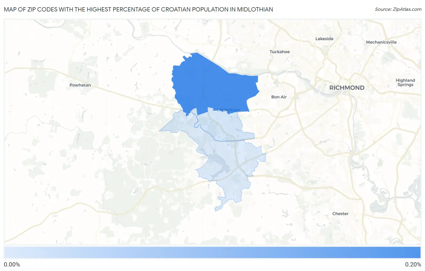 Zip Codes with the Highest Percentage of Croatian Population in Midlothian Map