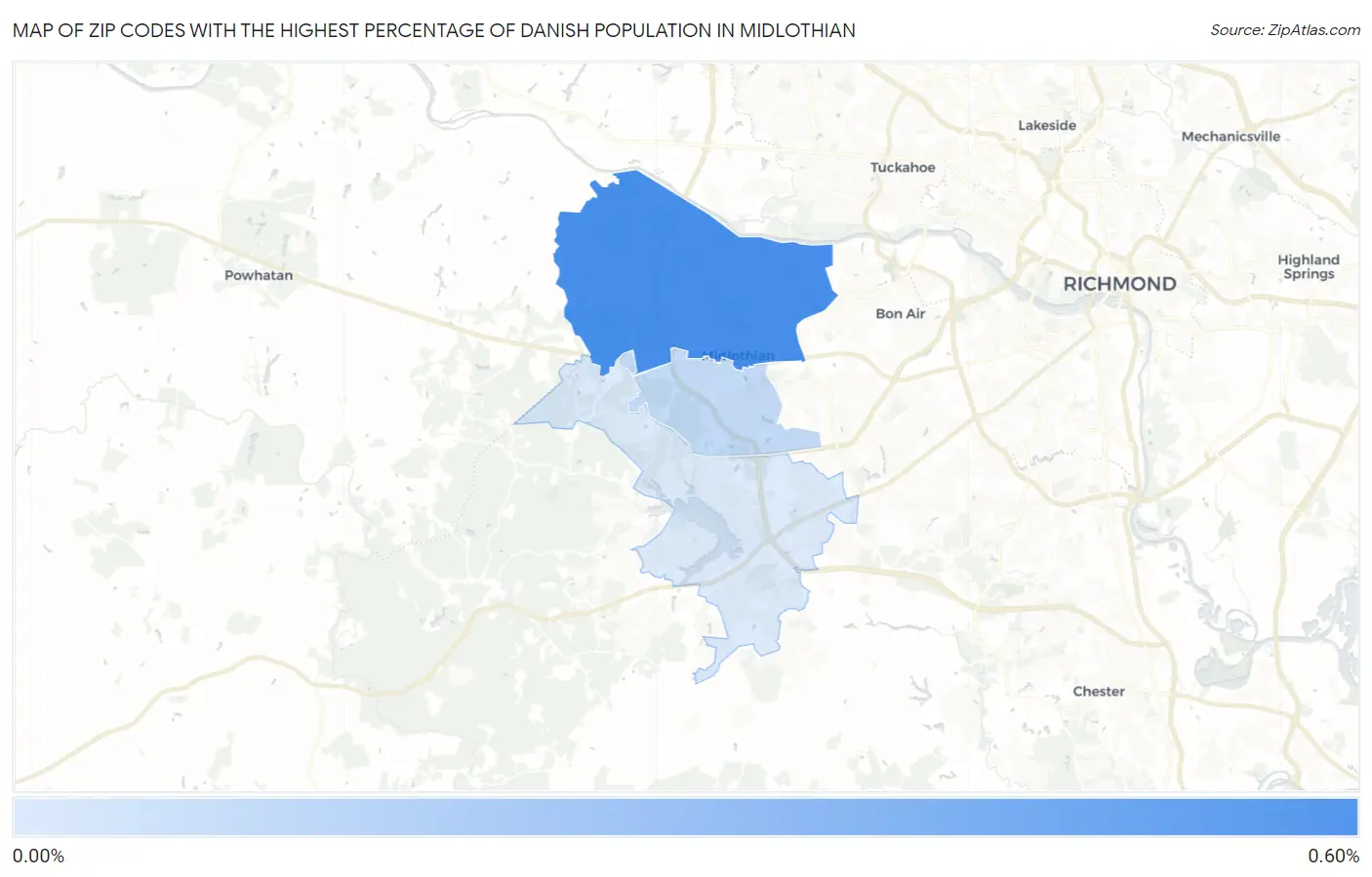 Zip Codes with the Highest Percentage of Danish Population in Midlothian Map