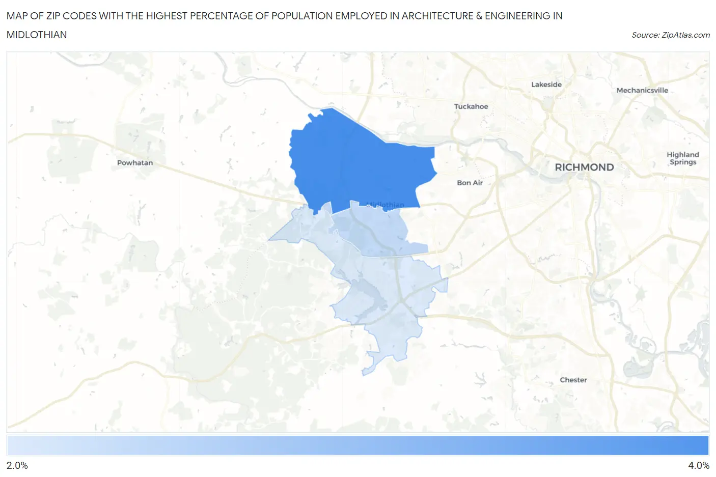 Zip Codes with the Highest Percentage of Population Employed in Architecture & Engineering in Midlothian Map