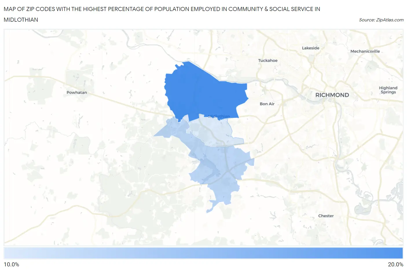 Zip Codes with the Highest Percentage of Population Employed in Community & Social Service  in Midlothian Map
