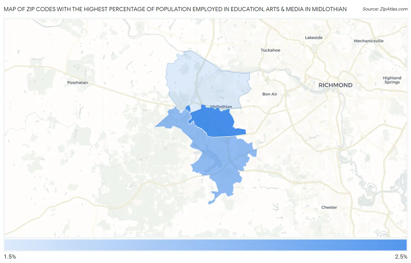Zip Codes with the Highest Percentage of Population Employed in Education, Arts & Media in Midlothian Map
