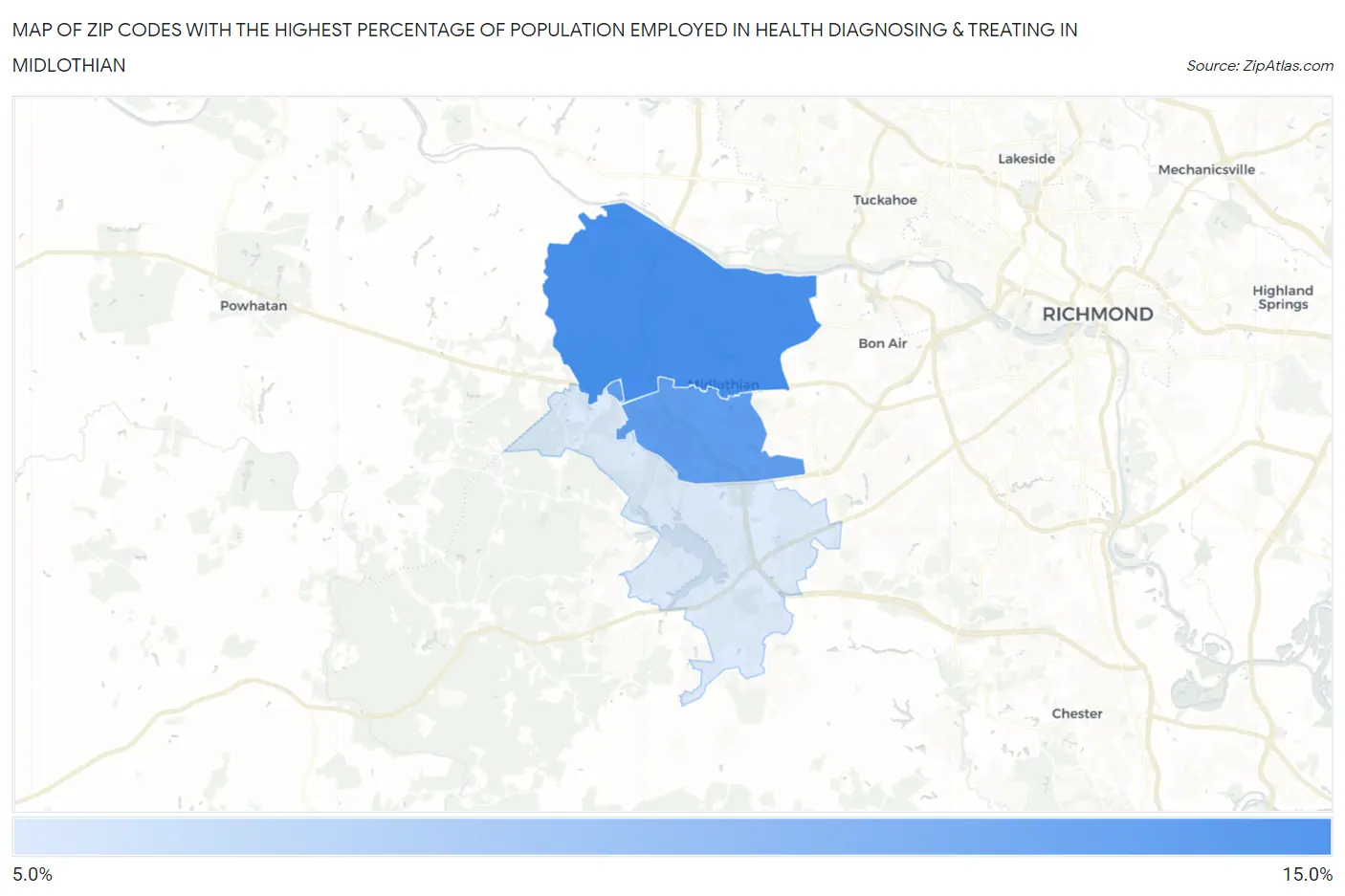 Zip Codes with the Highest Percentage of Population Employed in Health Diagnosing & Treating in Midlothian Map