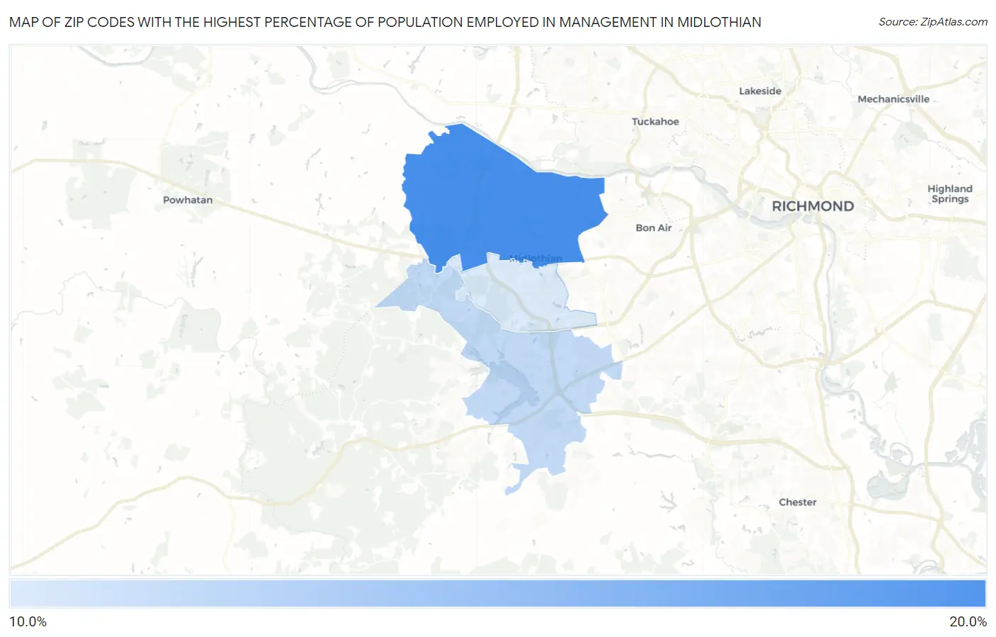 Zip Codes with the Highest Percentage of Population Employed in Management in Midlothian Map