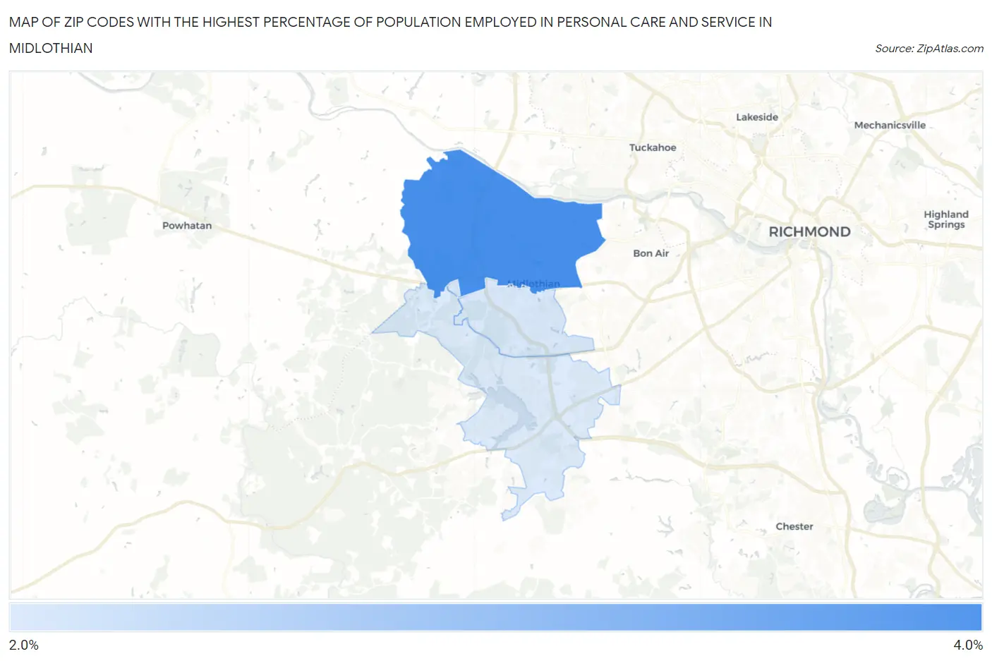Zip Codes with the Highest Percentage of Population Employed in Personal Care and Service in Midlothian Map