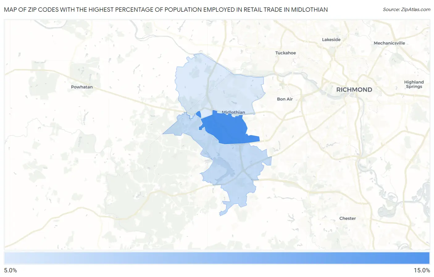 Zip Codes with the Highest Percentage of Population Employed in Retail Trade in Midlothian Map