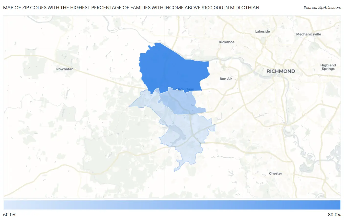 Zip Codes with the Highest Percentage of Families with Income Above $100,000 in Midlothian Map