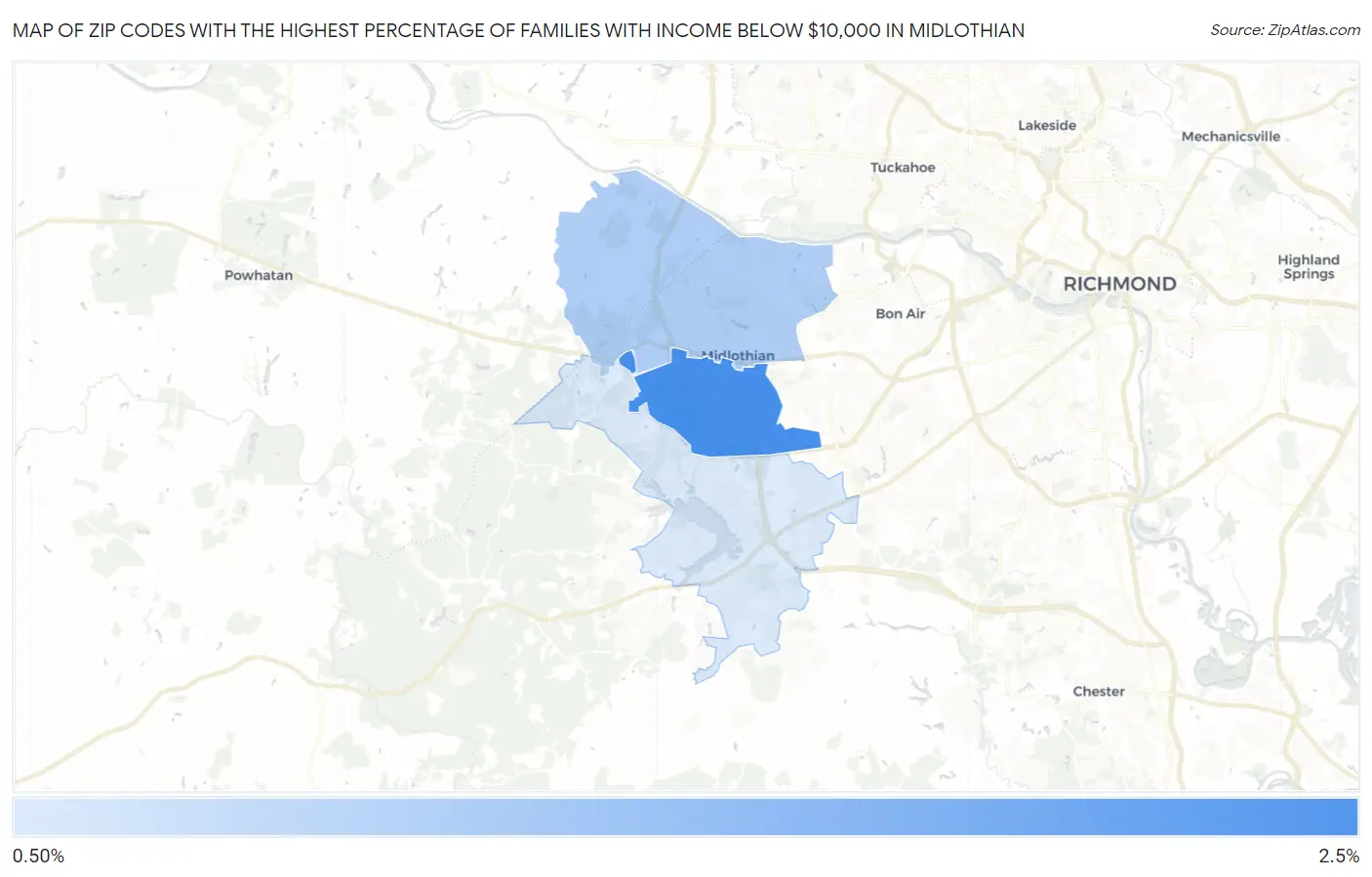 Zip Codes with the Highest Percentage of Families with Income Below $10,000 in Midlothian Map
