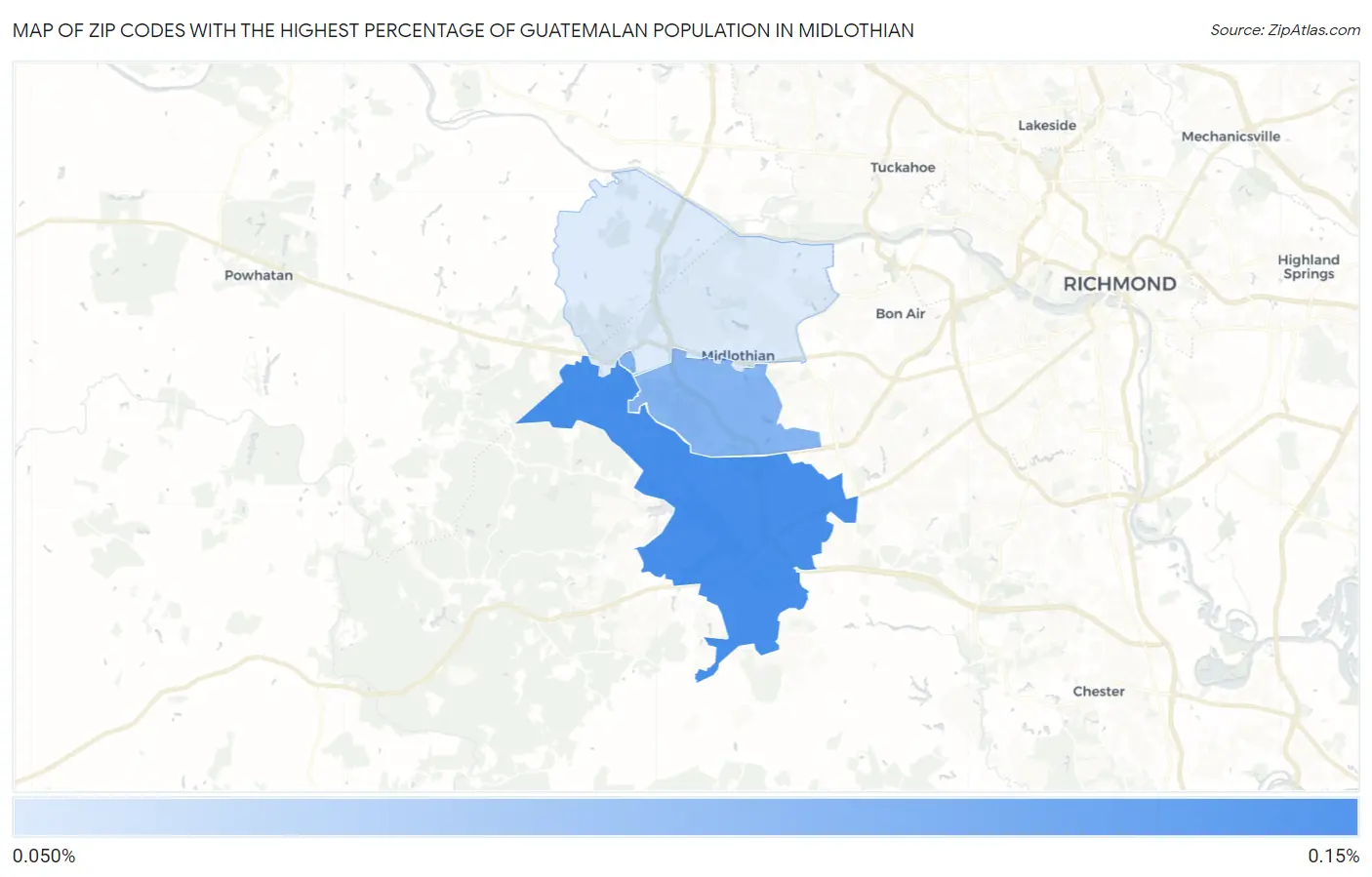 Zip Codes with the Highest Percentage of Guatemalan Population in Midlothian Map