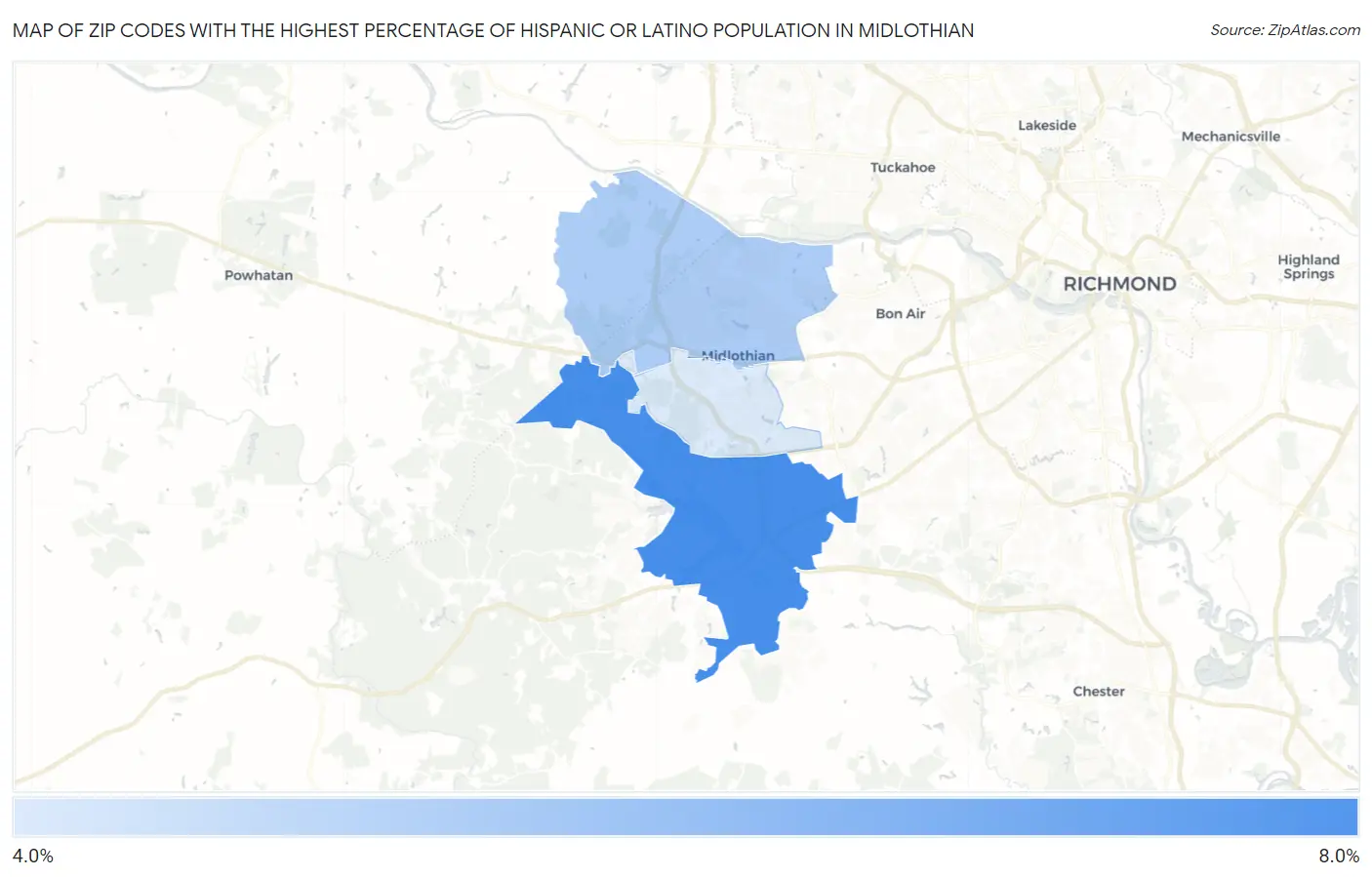 Zip Codes with the Highest Percentage of Hispanic or Latino Population in Midlothian Map