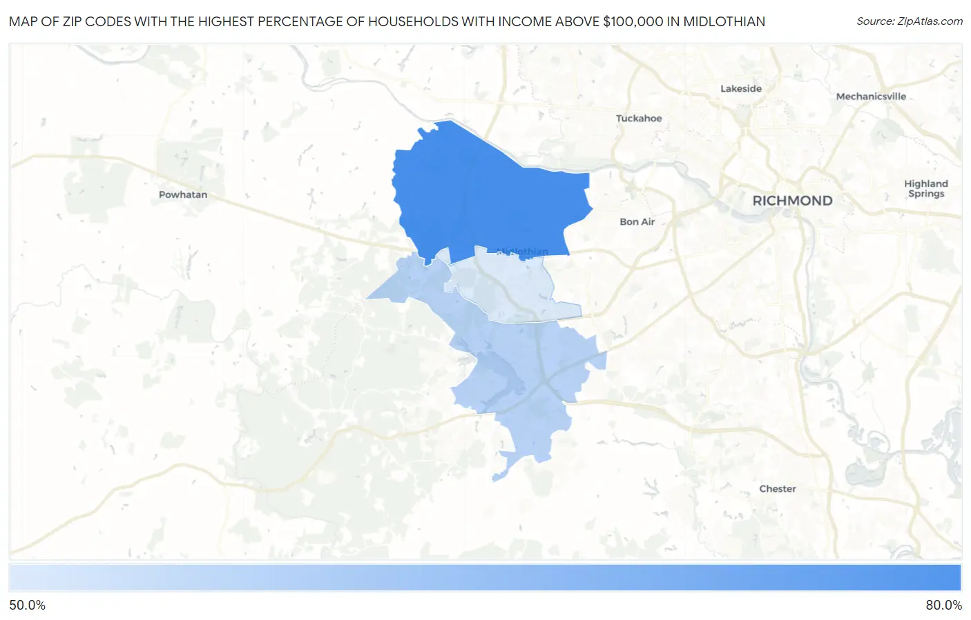Zip Codes with the Highest Percentage of Households with Income Above $100,000 in Midlothian Map