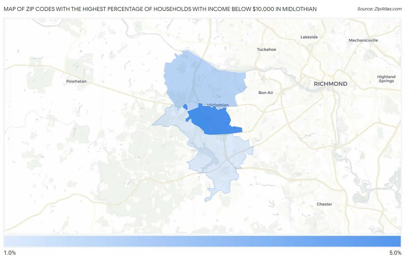 Zip Codes with the Highest Percentage of Households with Income Below $10,000 in Midlothian Map