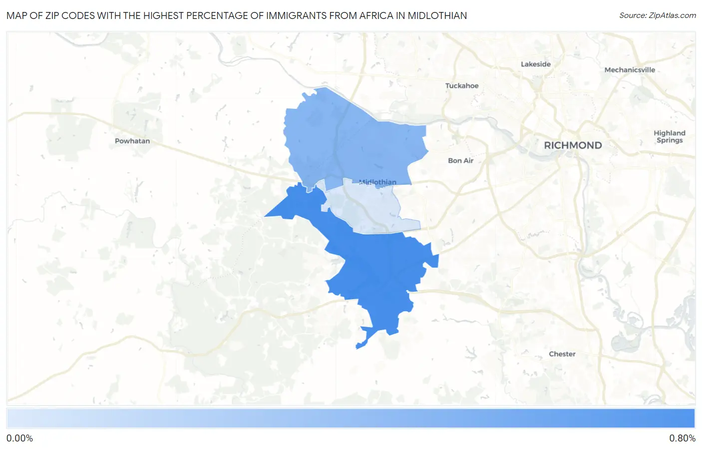 Zip Codes with the Highest Percentage of Immigrants from Africa in Midlothian Map
