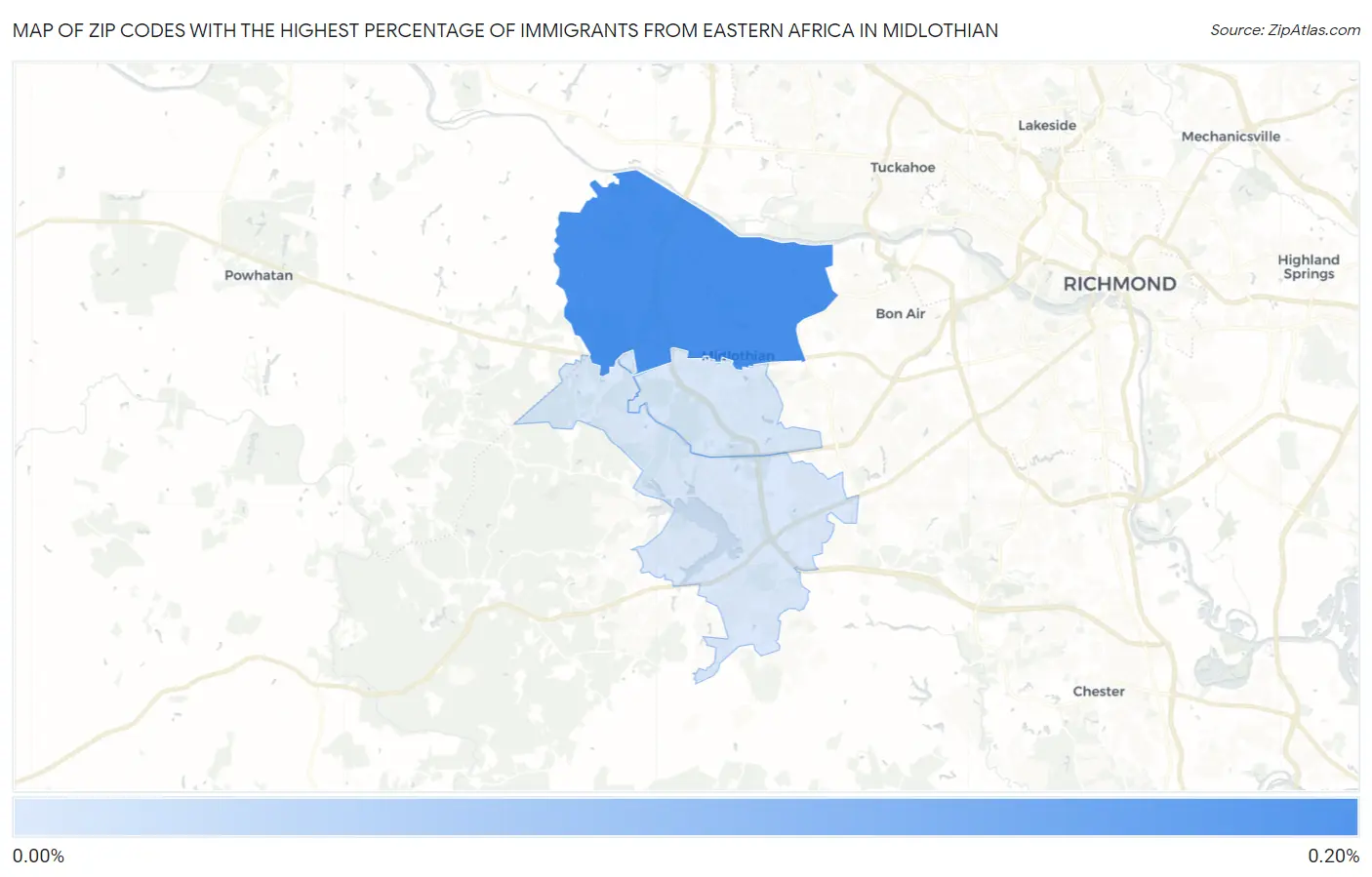 Zip Codes with the Highest Percentage of Immigrants from Eastern Africa in Midlothian Map