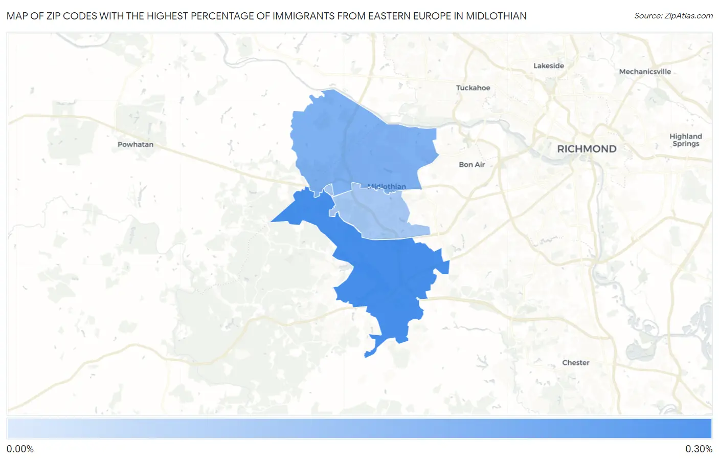 Zip Codes with the Highest Percentage of Immigrants from Eastern Europe in Midlothian Map